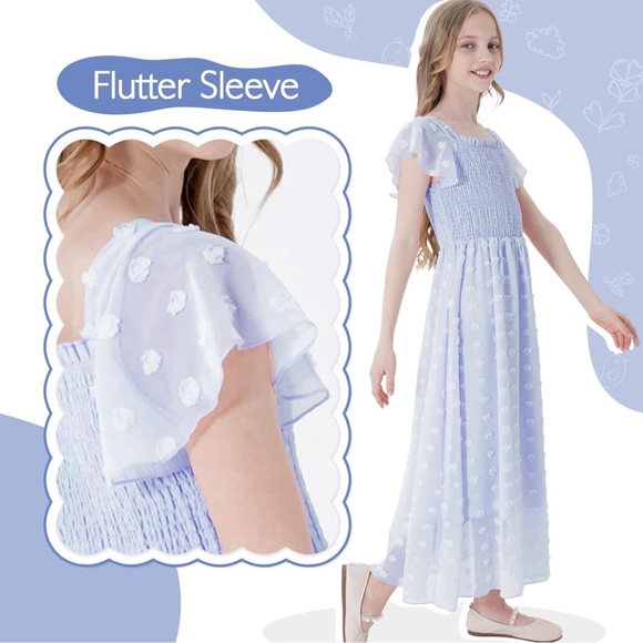 Girls' Swiss Dot Dress Short Sleeve Pleated A-Line Elastic Waist - Picture 3 of 6